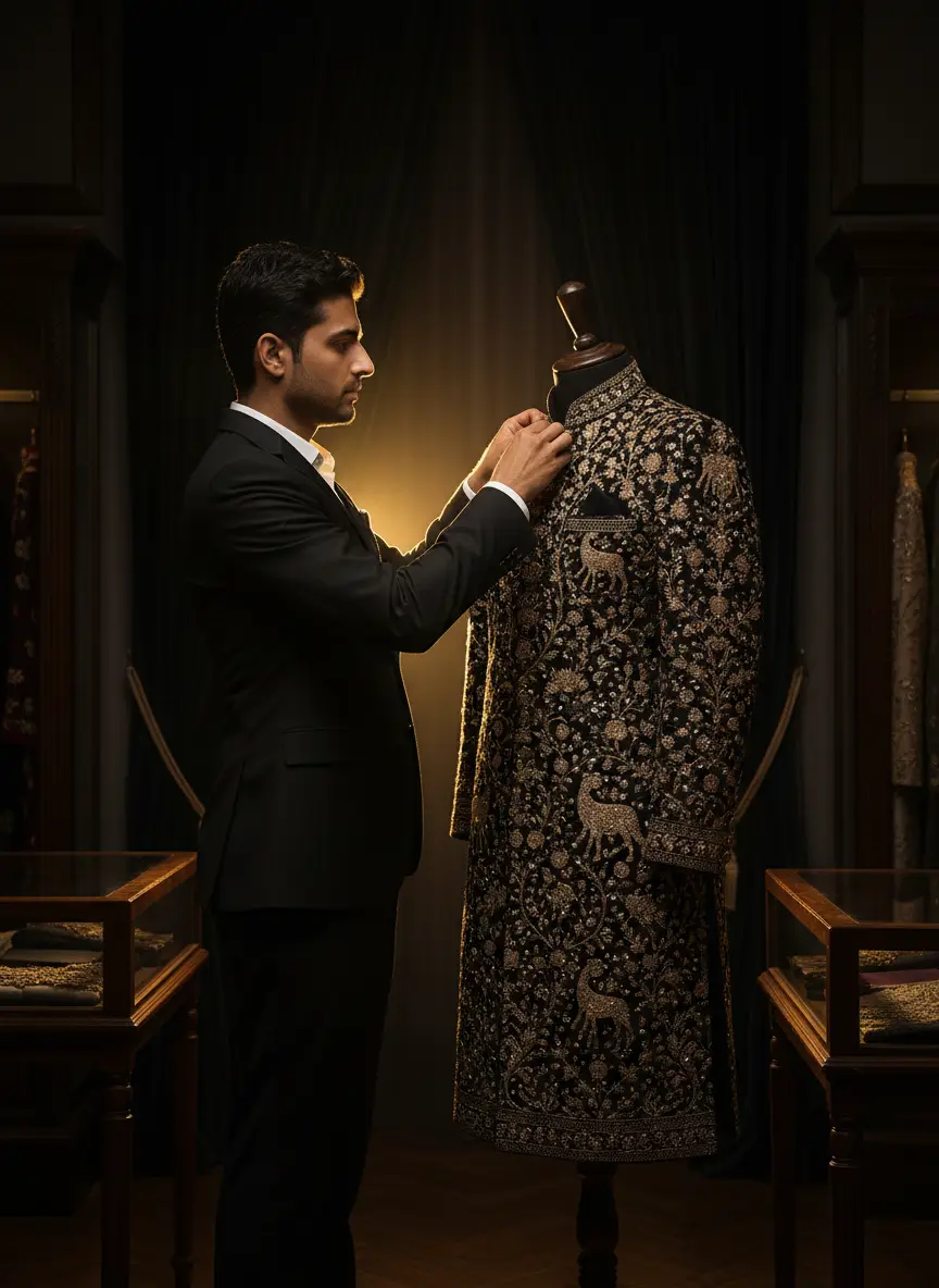 Attendant hand-finishing a sherwani on a mannequin