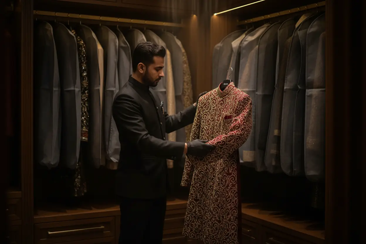 Craftsman at The House of Laundre Luxe examining a gold-embroidered sherwani in the wardrobe room