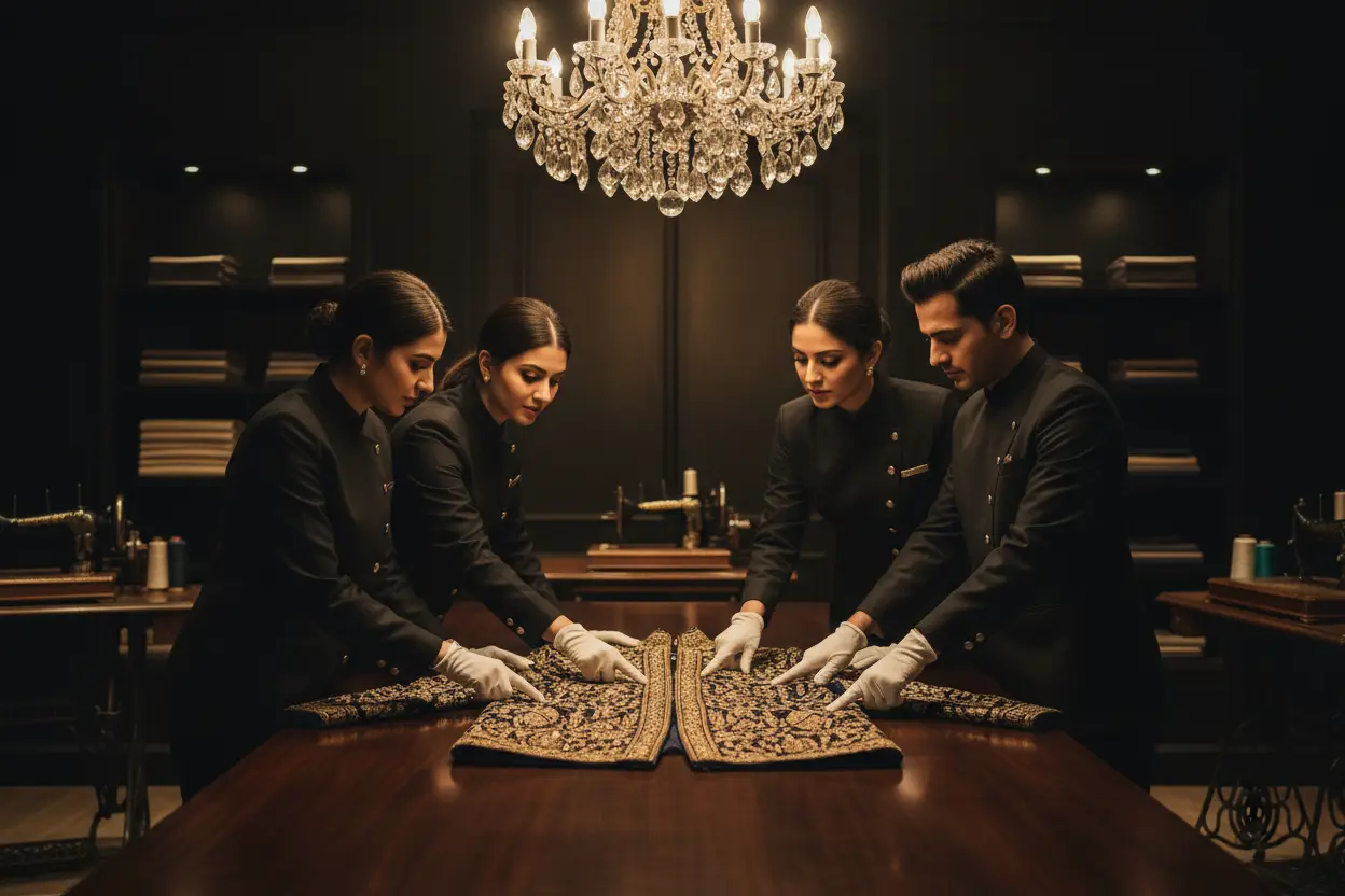 The Laundre Luxe team examining an embroidered garment together at the atelier