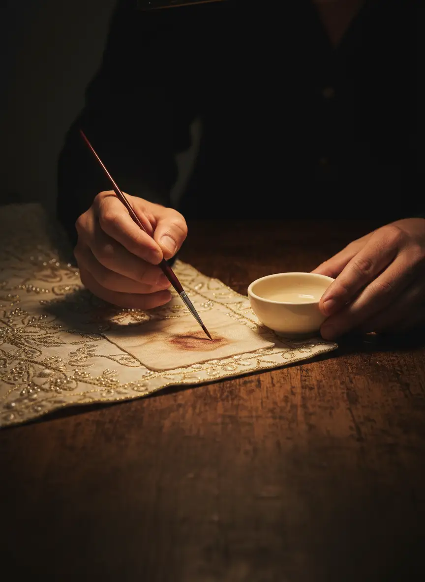 Hands delicately treating a stain with a fine brush