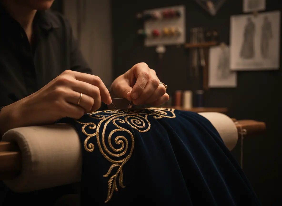 Hands delicately finishing gold embroidery on a dark garment