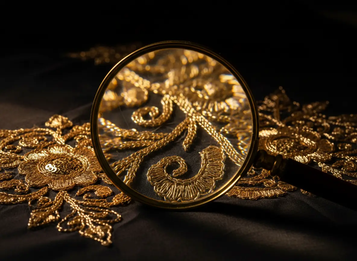 Magnifying glass held over gold zari embroidery during quality inspection