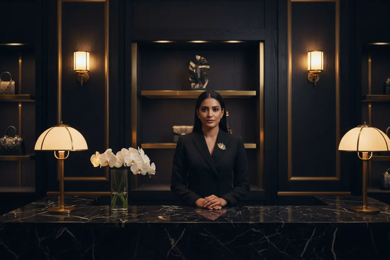 Receptionist welcoming clients at the flagship counter