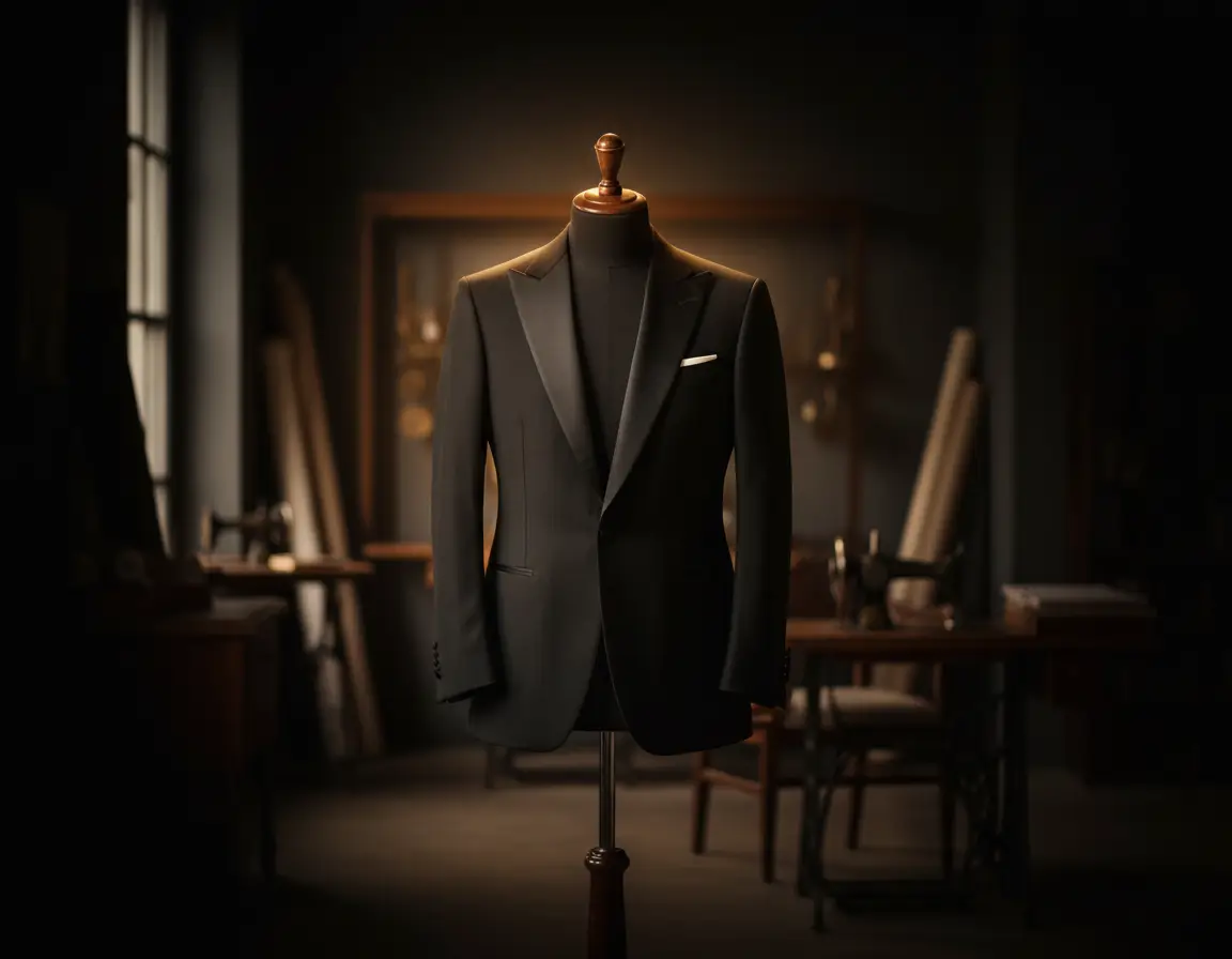 Black tuxedo on a tailor's form after dry cleaning