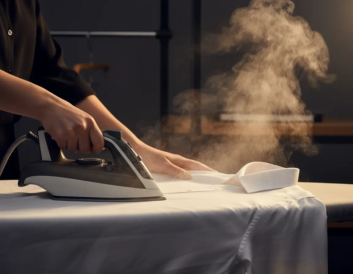 Hands steam-ironing a crisp white dress shirt