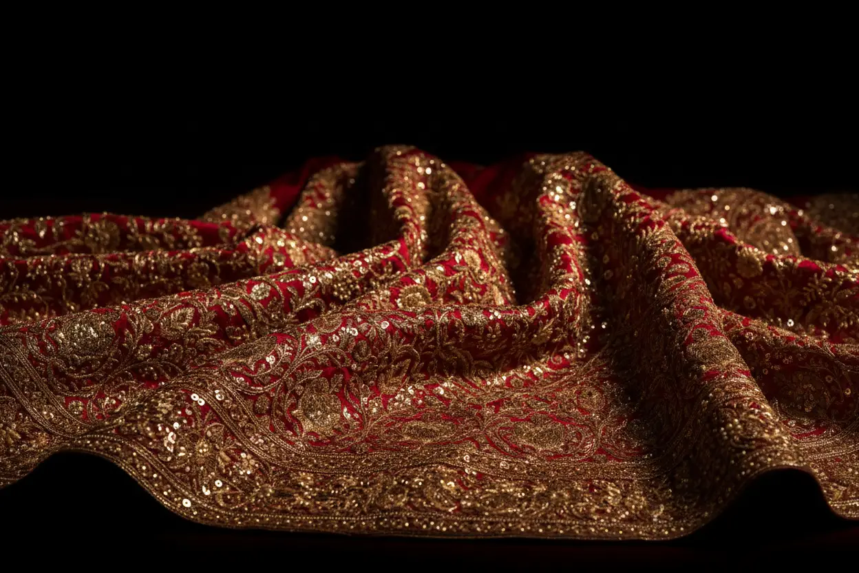 Richly embroidered red and gold bridal lehenga