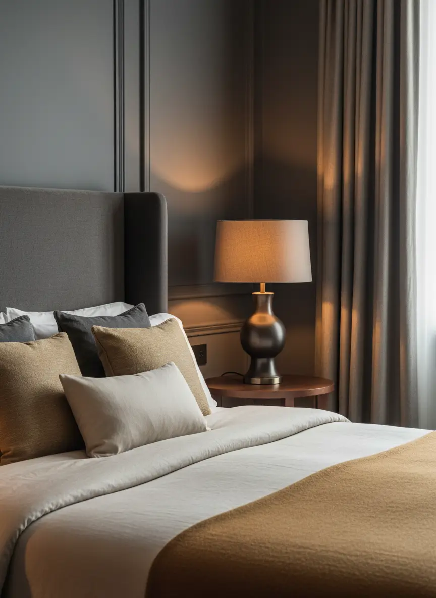 Premium cream linen bedding with a warm lamp